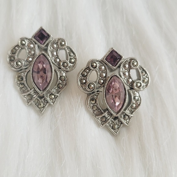 Jewelry - Victorian Rhinestone Earrings Art Deco Regency Boho Marcasite Silver Tone 21086